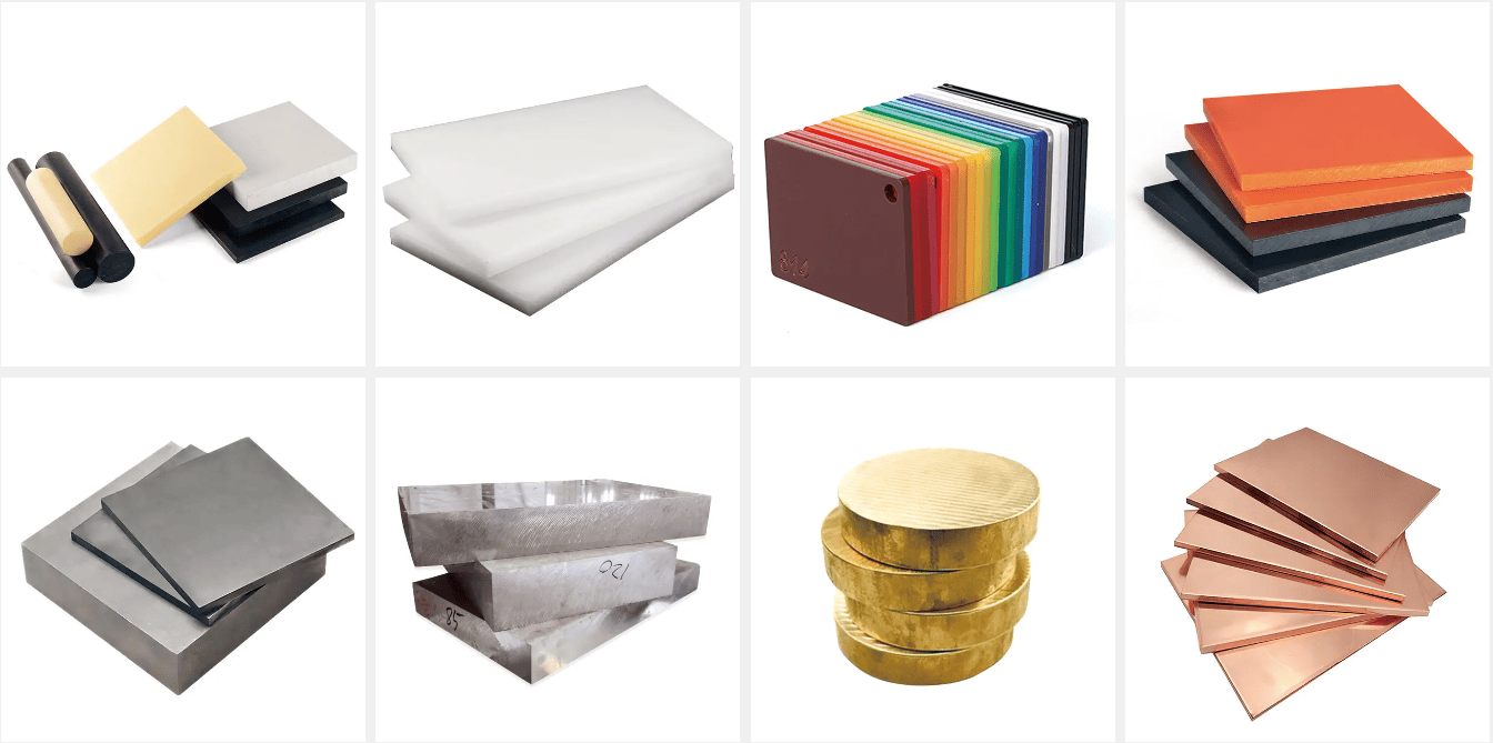 CNC材料 プラスチック：ABS、PP、PMMA（アクリル）、PC、POM（デルリン）、PBT、ナイロン（PA）、PU、樹脂、PEEK、PE、PTFE（テフロン）、G-10（FR-4）、PVC 、EVA、EPS、Ultum 1000 ( AMBER PEI ) 金属: ステンレス鋼、鋼、アルミニウム、真鍮、銅、鉄、マグネシウム、工具鋼、合金鋼